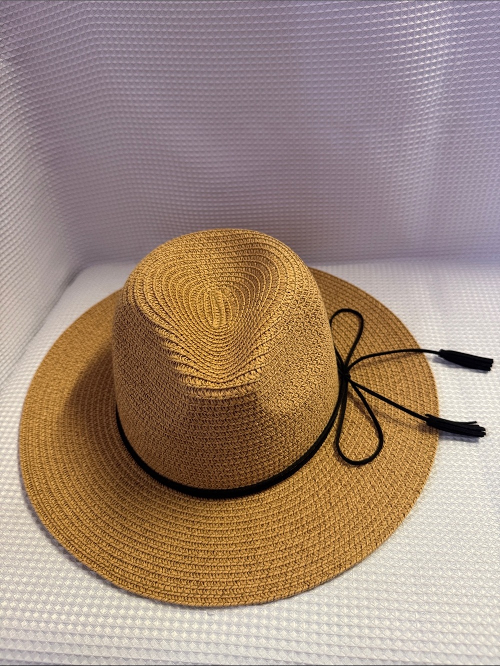 Panama style Fedora with suede tassel band beach sun paper straw hat NWOT - Picture 3 of 8